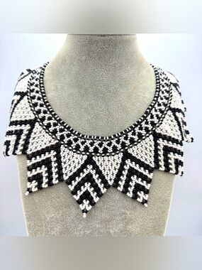 Hand Beaded Black & White Tribal Collar Necklace Statement Bib